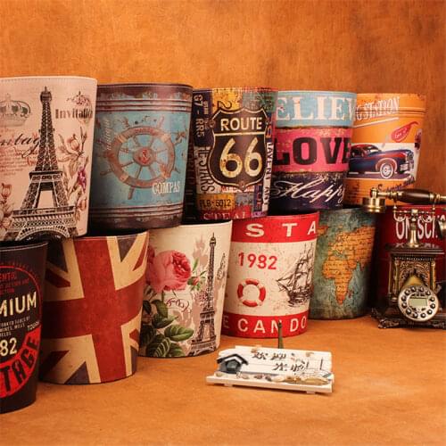 Large trash can, British leather round, home, simple, uncovered trash, vintage paper basket, bedroom living room study