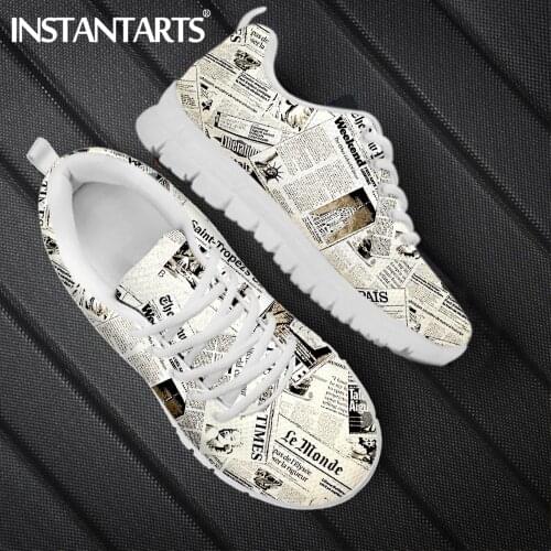 INSTANTARTS 2021 New Fashion Newspaper Printed Ladies Flat Shoes Breathable Lace up Casual Sneaker Women Soft Zapatillas Hot
