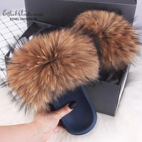 Ethel Anderson Summer Womens Fur Slippers Real Fox Fur Furry Slippers Best Plush Fox Hair Fluffy Slippers Flat Sandals