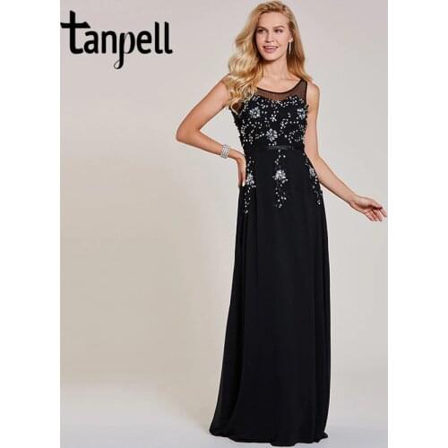 Tanpell beaded evening dress black scoop sleeveless appliques a line floor length dresses women backless prom long evening gown