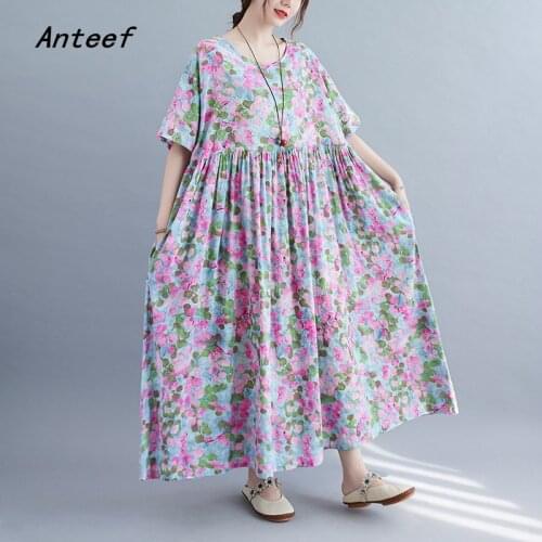 Short sleeve cotton vintage floral dresses for women casual loose long woman summer dress elegant clothes 2021