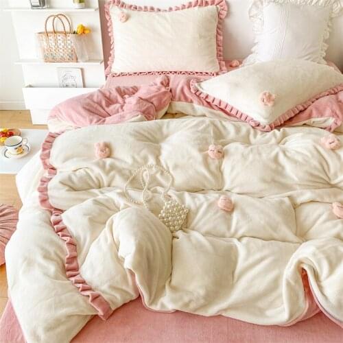 Winter Furry Warm Velvet Flannel Fleece Cute Bunny Princess Girl Bedding Set Shaggy Quilt Cover Bed Comforter Set Fitted Sheet