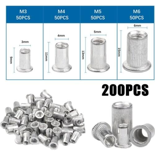 200PCS Aluminum Alloy Rivet Nut M3 M4 M5 M6 Flat Head Threaded Rivet Insert Nutsert Cap Rivet Nut Assortment Kit