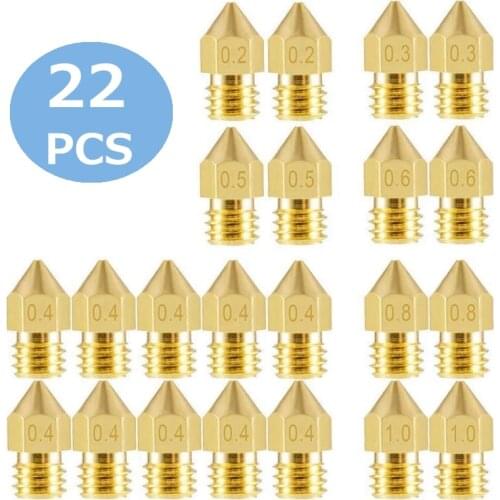 22PCS 3D Printer MK8 Nozzle 0.2mm 0.3mm 0.4mm 0.5mm 0.6mm 0.8mm 1.0mm Copper Extruder Thread 1.75mm Filament Head Brass Nozzle