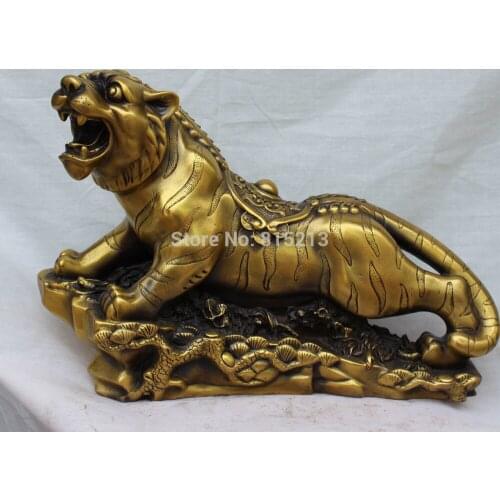 Bi0011660 15"Chinese Bronze Carving Zodiac Year Up To Hill Tiger Tigre On Tree Base Statue