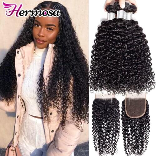 Hermosa Brazilian Kinky Curly Hair With Closure Human Hair 3 Bundles With Lace Closure Remy Hair Weave Extension With Closure