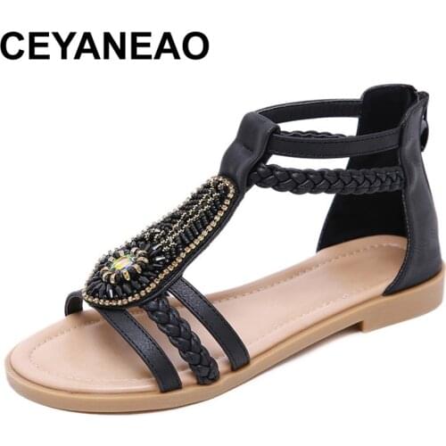 CEYANEAO Fashion Retro Rhinestone Flat Shoes Womens Sandals Plus Size 2021 New Low Heel Soft Beach Female Slip Ons Casual Ladie