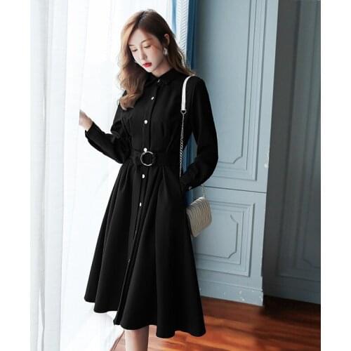 Hepburn Style Black Dress Womens 2020 Autumn Temperament Shirt Collar Long Dresses Female Retro Black Dress Women Pocket Q208