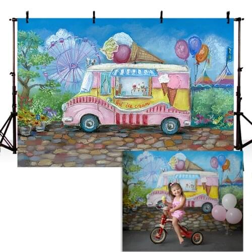 Unicorn Ice Cream Truck Birthday Background Photo Shoot Carnival Ferris Wheel Sweet Girl Artistic Backdrop Hand Painted Style