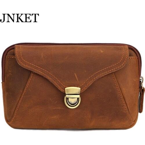 JNKET New Retro Mens Crazy Horse Leather Waist Bag Leisure Waist Pack Multifunction Belt Bag Cellphone Bag Bum Bag