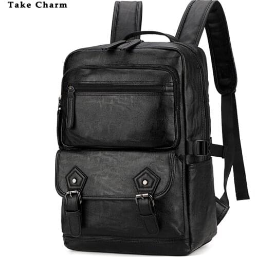 Fashion British Style Men Backpack 2020 Quality PU Leather Laptop Backpack With Headphone Hole Black