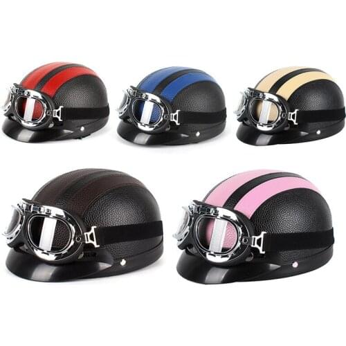Motorcycle Leather Helmet Goggles Men Women Open Face Half Retro Motocross Scooter Helmet Scooter Biker Cycling PU Helmet