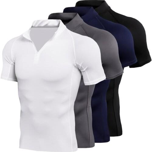 Mens Running Compression Shirt Dry Fit Short Sleeve V-Neck Tee Tops Jogging Bodybuilding Sportswear Gym Fitness Workout T Shirts