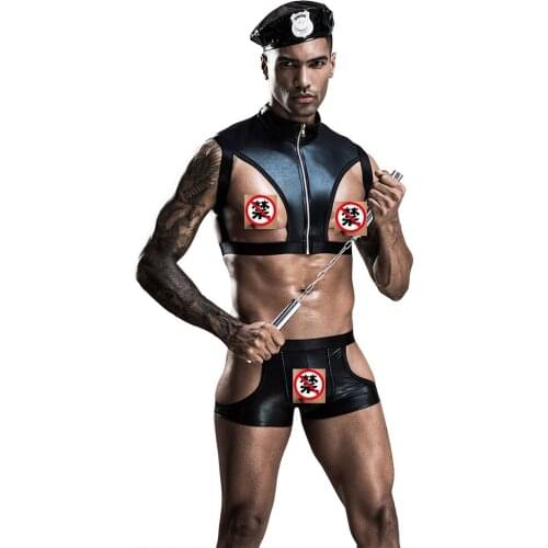 Fever Adults Mens Faux Leather Lingerie Police Officer Costume Gays Cop Uniform Policeman Outfit Party Fancy Dress J7205