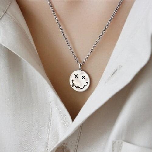 Vintage Trendy necklaces for women,Smile person Face pendant necklace 925 sterling silver Double surface 3D pattern fine jewelry