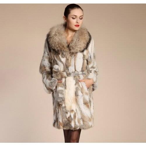 Winter Womens Genuine Natural Spliced Rabbit Fur Coat Jacket Raccoon Fur Collar Lady Trench Outerwear Coats Overcoat VF0368