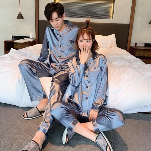 Couples Pajamas Womens Spring and Autumn Silk Thin Long-Sleeved Solid Color Viscose Fiber Leisure Tops Mens Two Piece Suit
