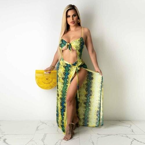 Snake Skin Print Beachwear 3 Piece Matching Sets Bikini Outfits Spaghetti Strap Hollow Out Bodysuit+cover Up Summer Beach Suits