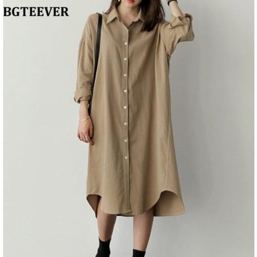 BGTEEVER Casual Oversized Ladies Solid Shirt Dress Full Sleeve Single-breasted Loose Women Dresses 2021 Autumn Vestidos Femme