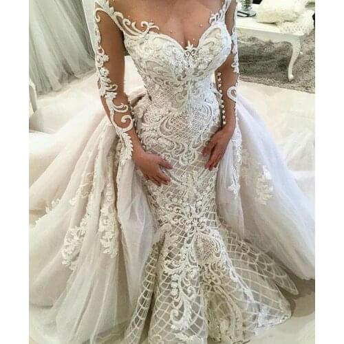 Generous Mermaid Wedding Dresses With Detachable Train Sheer Sweetheart Long Sleeves Lace Appliqued Beads Bridal Gowns Vestidos