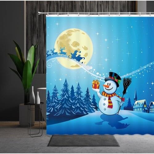 Christmas Snowman Shower Curtain Fantasy Snow Scene Cartoon Pine Tree Rope Ball Polyester Home Decor Washable Bathroom Curtains