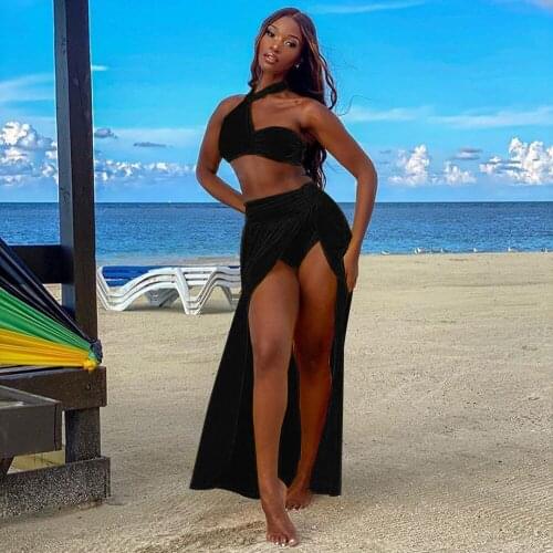 Sexy Backless Party 2 Piece Set Women Halter Crop Top +Side Split Long Skirts Matching Sets Club Two Piece Outfits