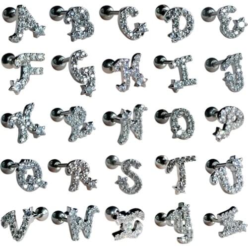1pair Cute Mini Silver Color English Letters Studs Earrings With Star Design for Women Girl Fashion Alphabet Zircon Ear Studs
