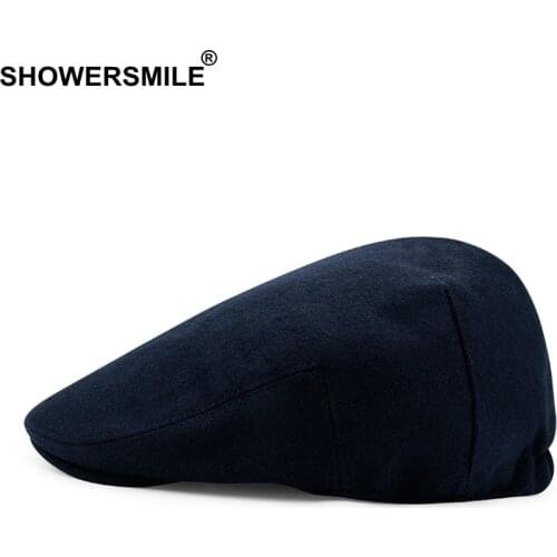 SHOWERSMILE Unisex Navy Blue Beret Cap Wool Beret Hats Men Winter Thick Warm Fitted Hats Male Vintage Classic Duckbill Ivy Cap