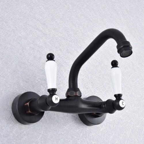 Kitchen Wet Bar Bathroom Vessel Sink Faucet Black Oil Rubbed Brass Wall Mounted Swivel Spout Mixer Tap Dual Ceramic Lever msf755