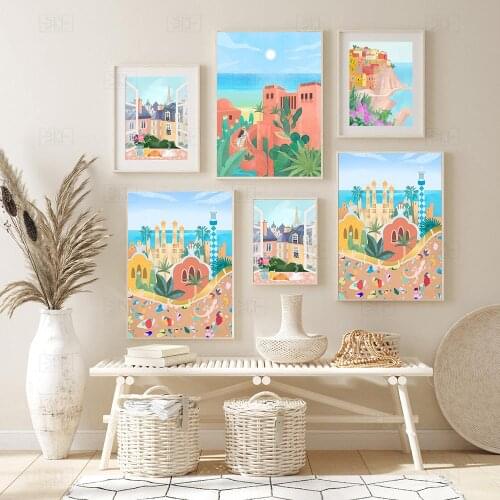 Spain Barcelona Vintage Illustration Style Poster Canary Islands Travel Landscape Pictures Wall Art Printed Canvas Painting