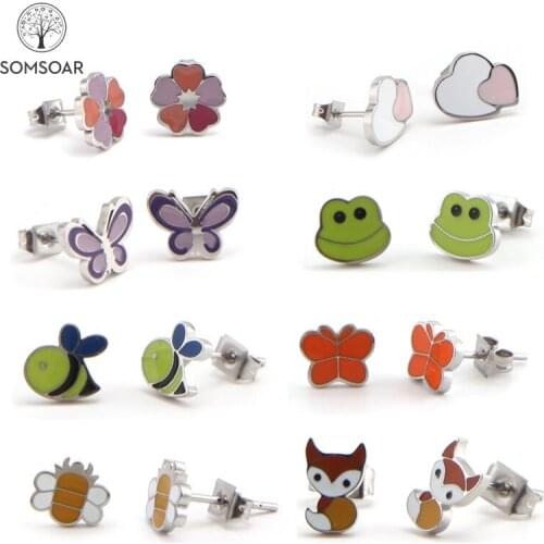 Somsoar Jewelry Lovely Silvering Stainless steel Oil Drip stud earrings Flowers animals Earrings for Woman Girl Kids Wholsale