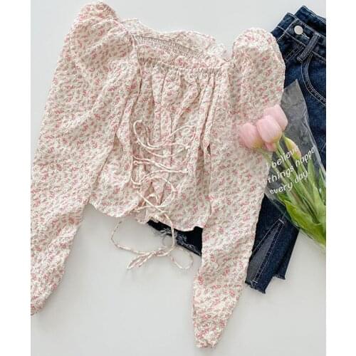 Long Sleeve Flower Sweet Blouse Women Casual Bandage Design Elegant Kawaii Tops 2021 Autumn Square Collar Shirts Y2k Korea Style