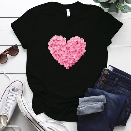 Pink Heart Flower Print Women Tshirt Short Sleeve Casual Graphic Summer Tshirt O-Neck 90s Ladies Girls Top Harajuku Tops Clothes