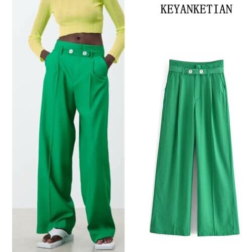 KEYANKETIAN Za Womens Fashion Buttoned Side Pocket Wide Leg Pants Retro High Waist Zipper Flanging Womens Pants Mujer