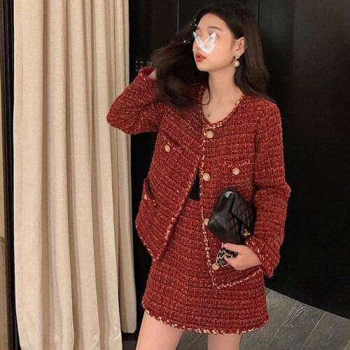 JuneLove Women 2021 Autumn Winter 2 Piece Set Female Short Woolen Tweed Jacket Coat & Mini Skirt Set Lady Chic Two Piece Outfits