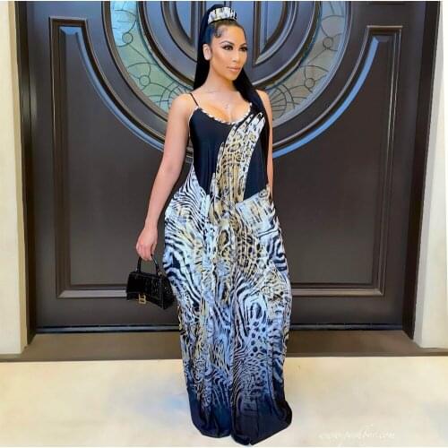 Women Long Party Dress Striped Leopard Print Sleeveless Floor Length Dresses Summer Spaghetti Strap Open Back Holiday Vestidos