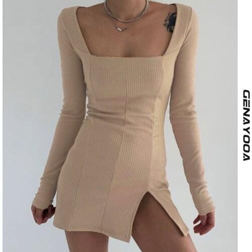 Genayooa Square Collar Sexy Women Dress Long Sleeve 2021 Autumn Mini Solid Skinny Party Dress Ladies Vestidos Y2k Vintage