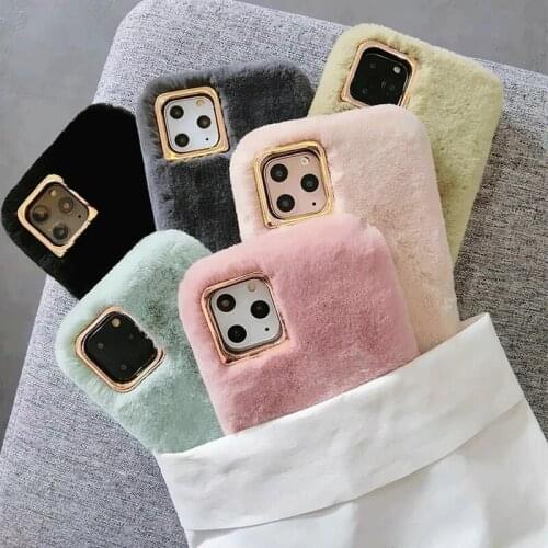 Winter Warm Rabbit Fur Plush Phone Case For iPhone 11 Pro Max For iPhone X XS XR 6 6S 7 8 Plus Case Furry Soft TPU Solid Color