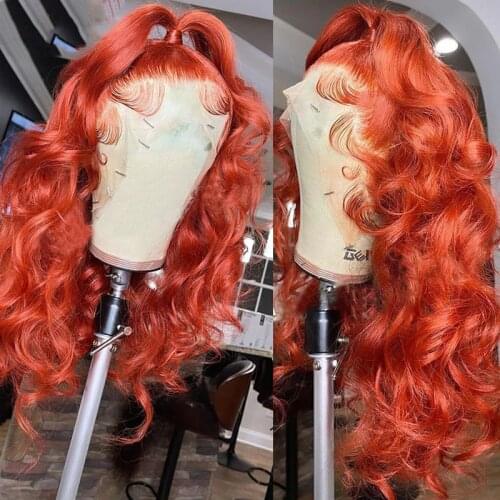 Free Part Orange Long Wavy lace Frontal Wig Remy Human Hair Glueless Preplucked Lace Wigs With Baby Hair For Women