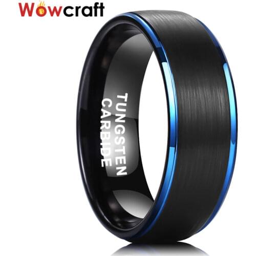 8mm Blue Tungsten Rings For Men Wedding Band Ring Black Blue Plated Matte Finish Stepped Edges Comfort Fit Customize Engraving
