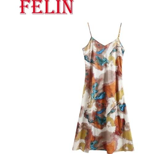 FELIN Za Fashion New Women Silk Sexy The Starry Night Midi Sling Dress Canvas Sleeveless Bodycon Female Chic Mujer Vestidos
