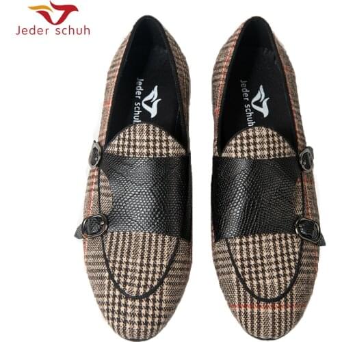 Jeder Schuh Men Shoes Double Monk Mens Casual Shoes Fashion Plaid Loafers Men Flat Shoes Animal Printing