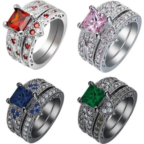 Vintage Jewelry Couple Rings 925 Sterling Silver&Black Gold Radiant Ruby Gemstones Party Women Wedding Bridal Ring Set Gift