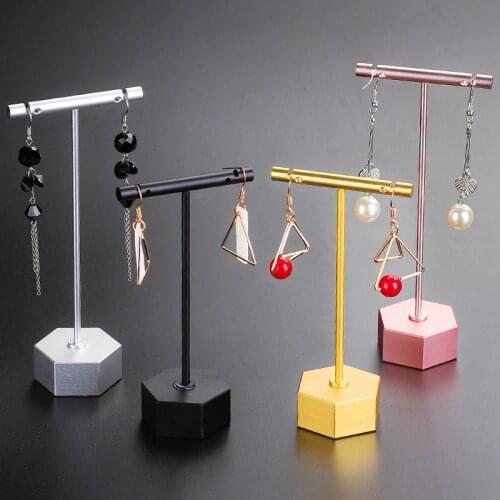 Metal T Shape Round Hexagon Base Earring Storage Rack Black Gold Silver Earring Jewelry Organizer Display Ornament Hanger Stand