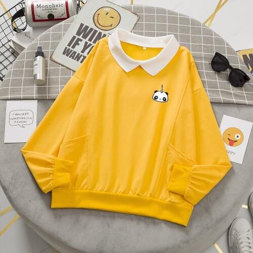 Kpop Fashion Cartoon Panda Sweatshirt Oversized Harajuku Clothes for Women Gothic Vintage Kawaii Clothing Aesthetic Yellow Tops