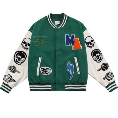 Fashion Hi Street Unisex Bomber Jacket With Skull Furry Embroidery Streetwear Oversize Hip Hop Campus Letterman Coat Outerwear