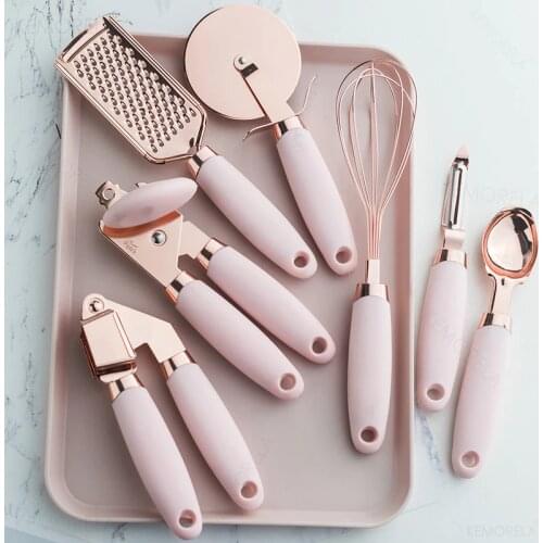 7PC Rose Gold Garlic Press Pizza Cutter Kitchen Gadget Set Can Opener Potato Cooking High-End Kitchenware Kitchen Accessories