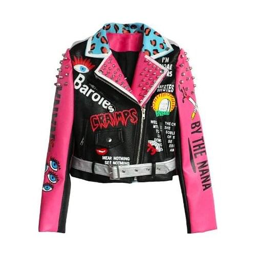 New Spring Women Rivet Clothing Heavy Print NEVEDA Streetwear Short Leather Jacket Zipper Slim Motorcycle Coat Top