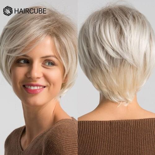 Short Straight Ombre Light Blonde White Natural Wigs With Side Bangs Women Pixie Cut Fashion Synthetic Wigs Heat Resistant