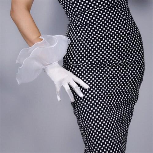Silk Lace Gloves Elastic Mercerized Silk Satin White Ultra Short Large double-Layer Mesh Organza Ruffle Women Gloves WSG03